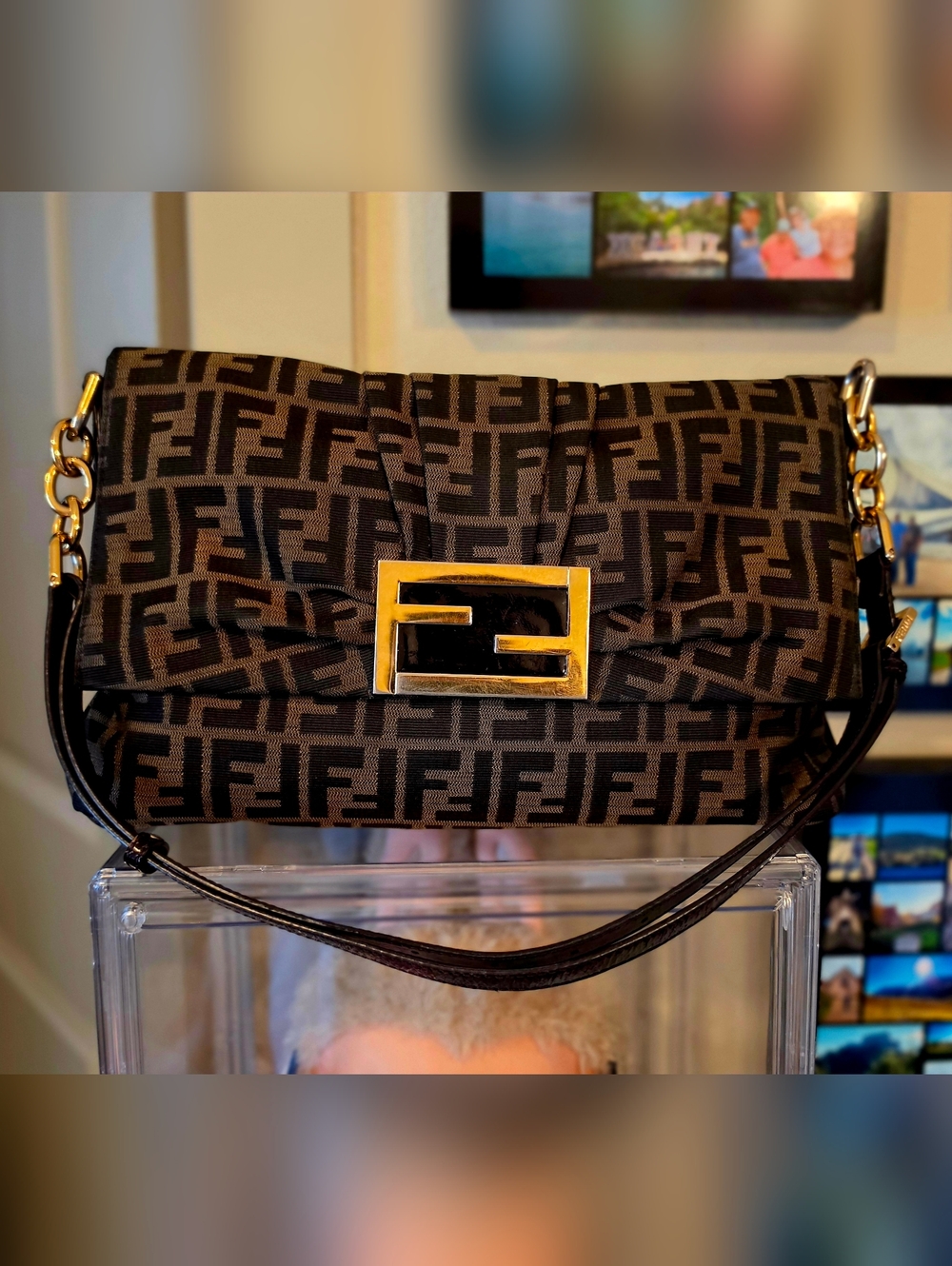 Fendi Brown and Black FF Logo Shoulder Bag with Gold Hardware